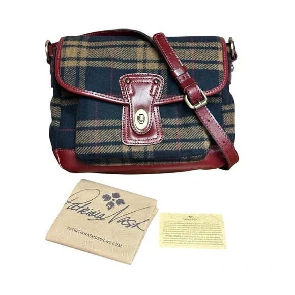 Patricia Nash Tartan Wool Navy W/ Red Leather Crossbody Bag NEW - Picture 2 of 12